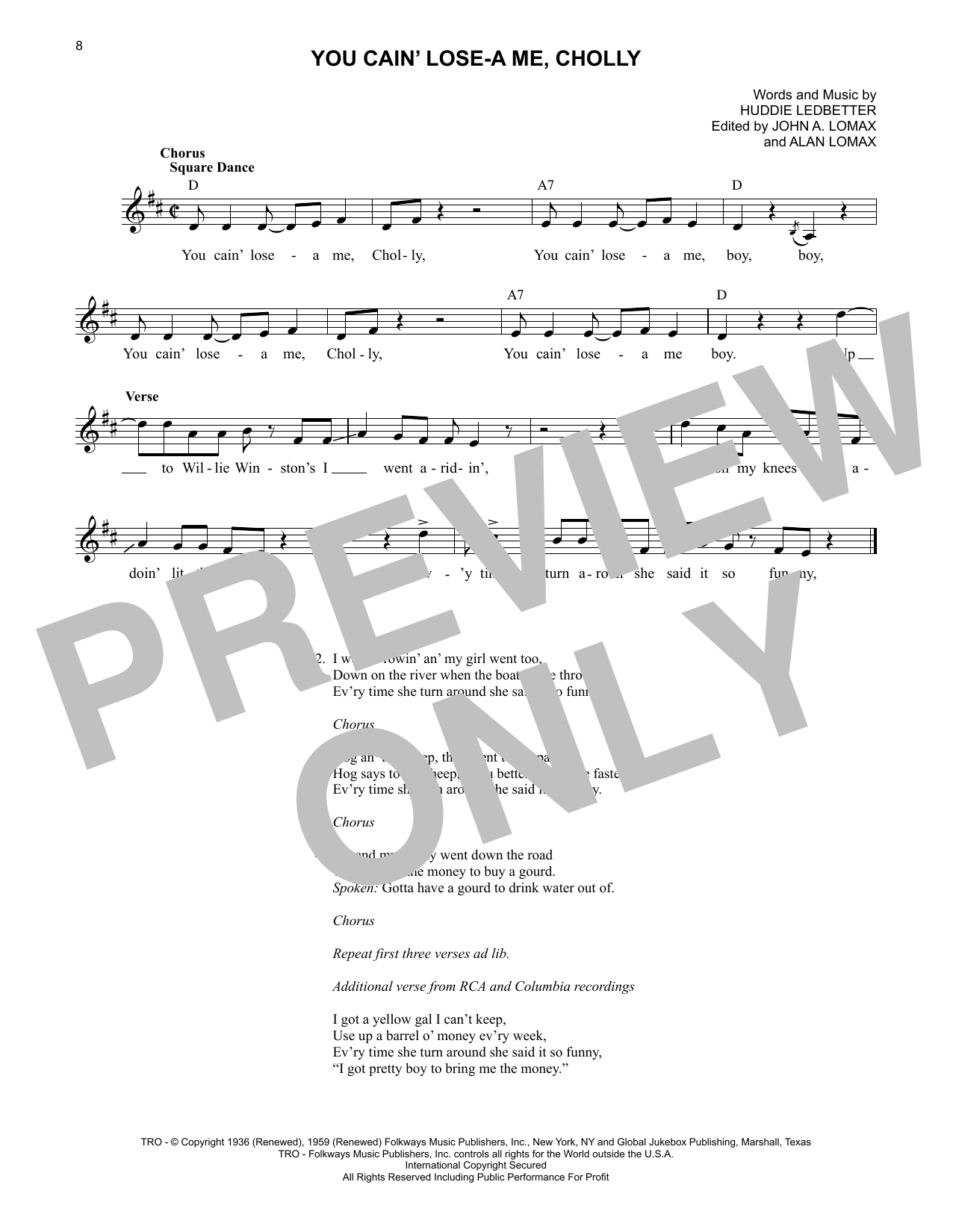 Lead Belly You Cain' Lose-A Me, Cholly sheet music notes and chords arranged for Lead Sheet / Fake Book