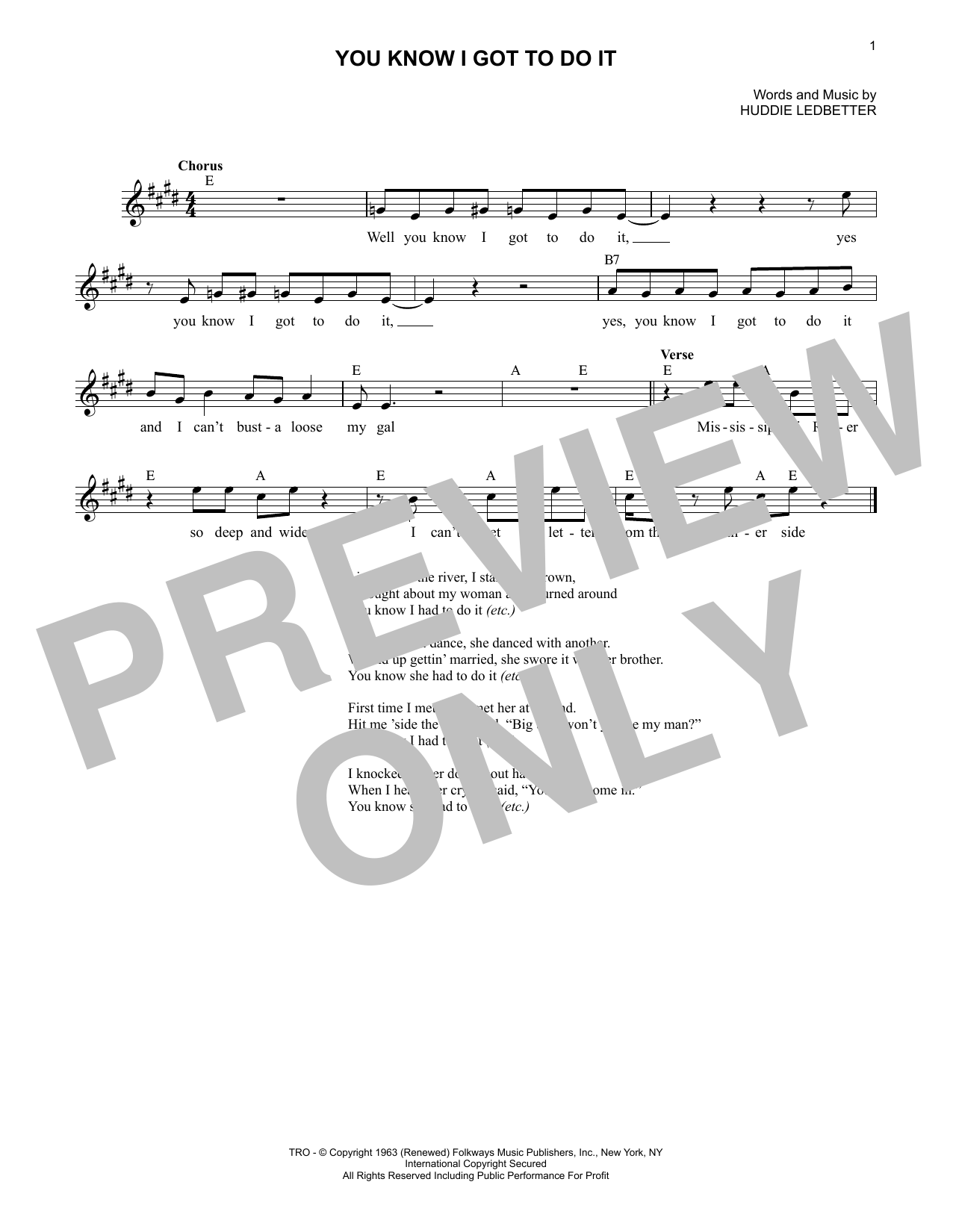 Lead Belly You Know I Got To Do It sheet music notes and chords arranged for Lead Sheet / Fake Book