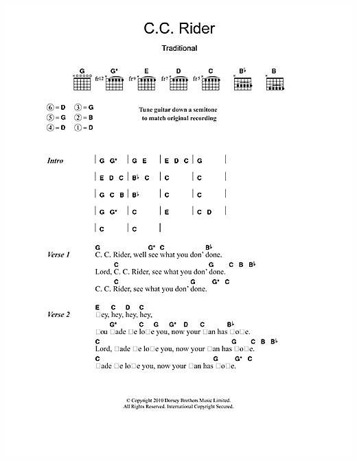 Leadbelly C.C. Rider sheet music notes and chords arranged for Guitar Chords/Lyrics