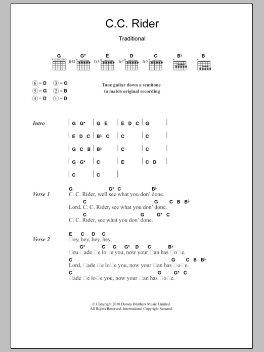 Leadbelly C.C. Rider sheet music notes and chords arranged for Guitar Chords/Lyrics