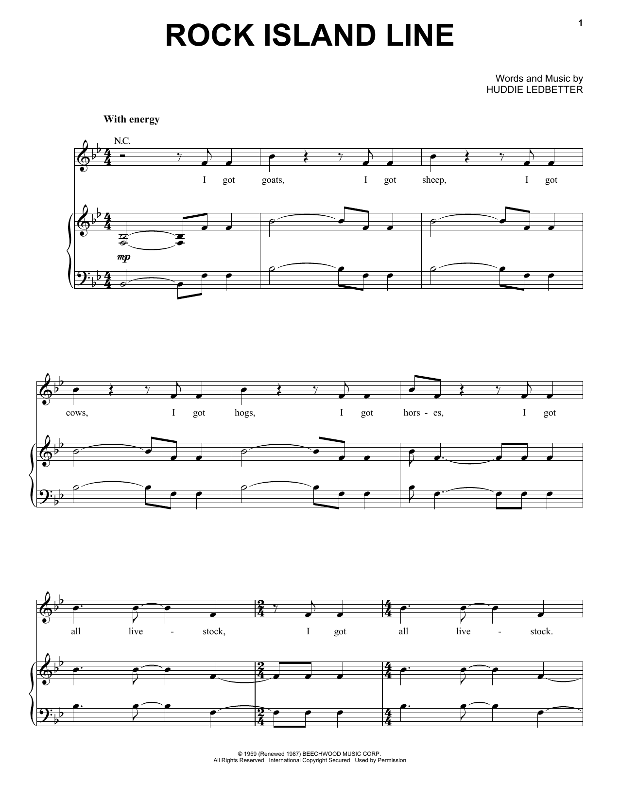 Leadbelly Rock Island Line sheet music notes and chords arranged for Piano, Vocal & Guitar Chords (Right-Hand Melody)