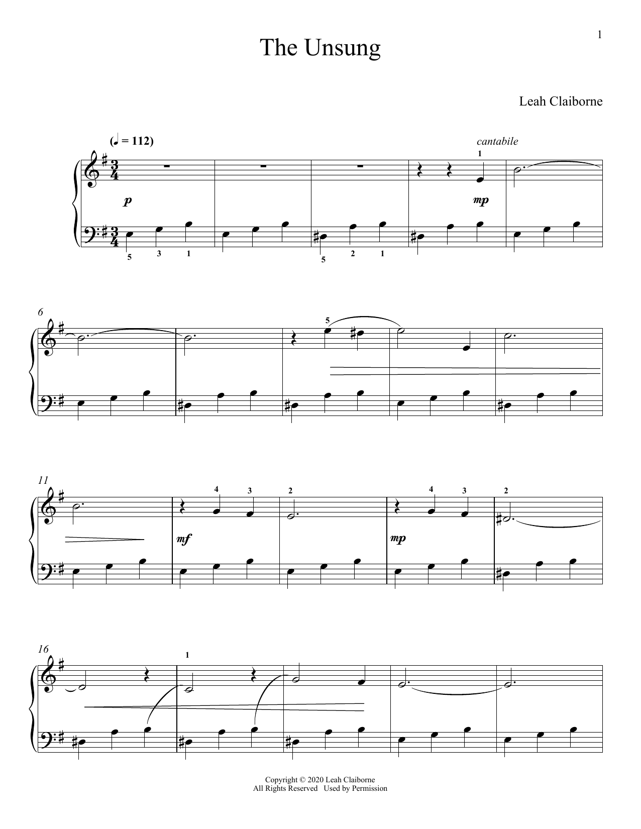 Leah Claiborne The Unsung sheet music notes and chords arranged for Piano Solo