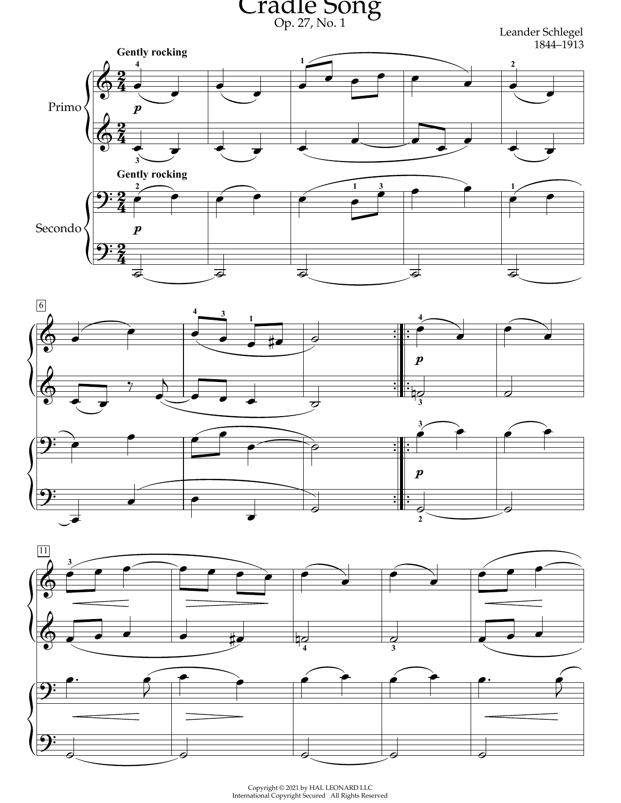 Leander Schlegel Cradle Song, Op. 27, No. 1 sheet music notes and chords arranged for Piano Duet