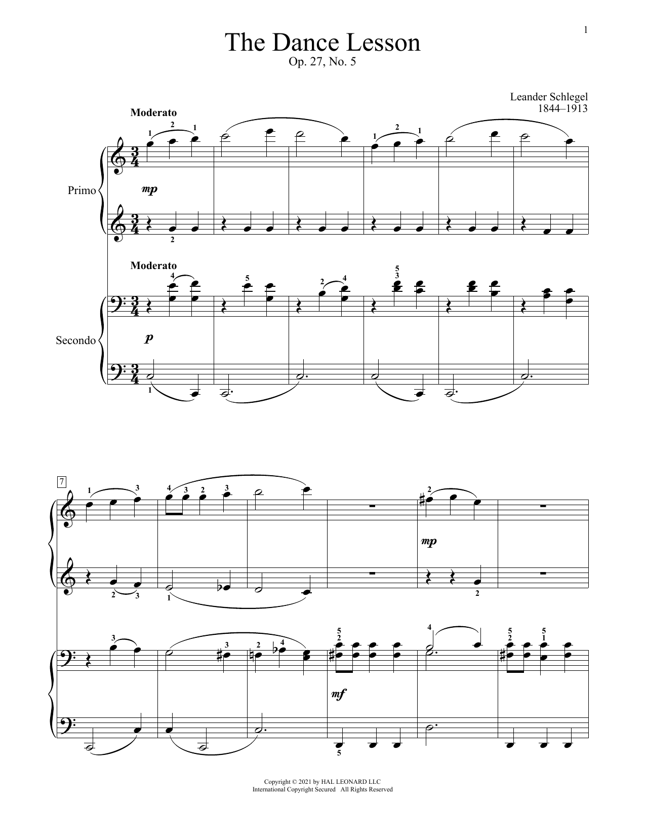 Leander Schlegel The Dance Lesson, Op. 27, No. 5 sheet music notes and chords arranged for Piano Duet