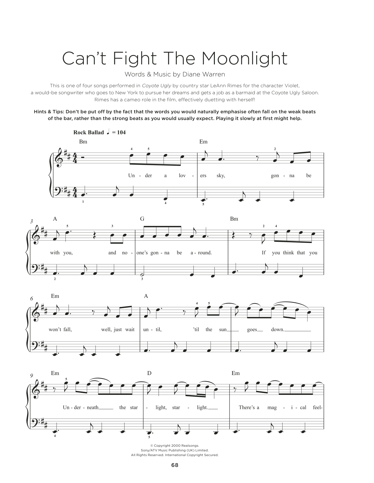 LeAnn Rimes Can't Fight The Moonlight sheet music notes and chords arranged for Easy Piano