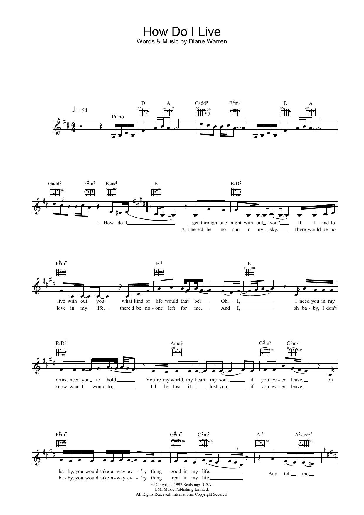 LeAnn Rimes How Do I Live sheet music notes and chords arranged for Piano, Vocal & Guitar Chords (Right-Hand Melody)