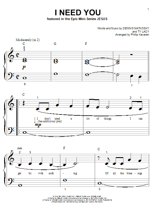 LeAnn Rimes I Need You (arr. Phillip Keveren) sheet music notes and chords arranged for Big Note Piano