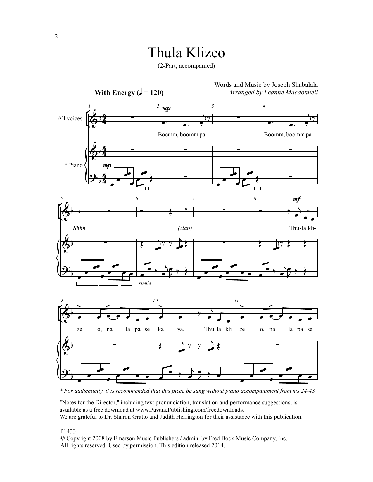 Leanne Macdonnell Thula Klizeo sheet music notes and chords arranged for 2-Part Choir