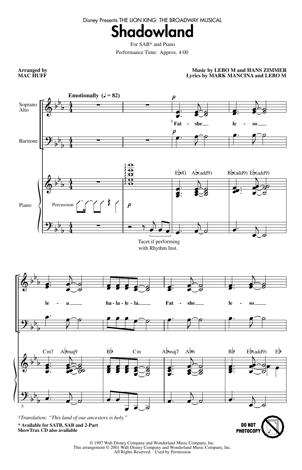Lebo M., Hans Zimmer and Mark Mancina Shadowland (from The Lion King: Broadway Musical) (arr. Mac Huff) sheet music notes and chords arranged for SAB Choir