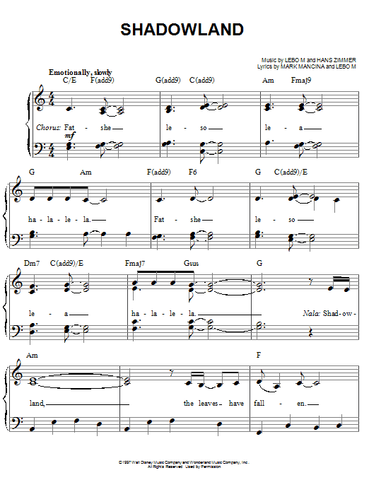 Lebo M., Hans Zimmer and Mark Mancina Shadowland (from The Lion King: Broadway Musical) sheet music notes and chords arranged for Easy Piano