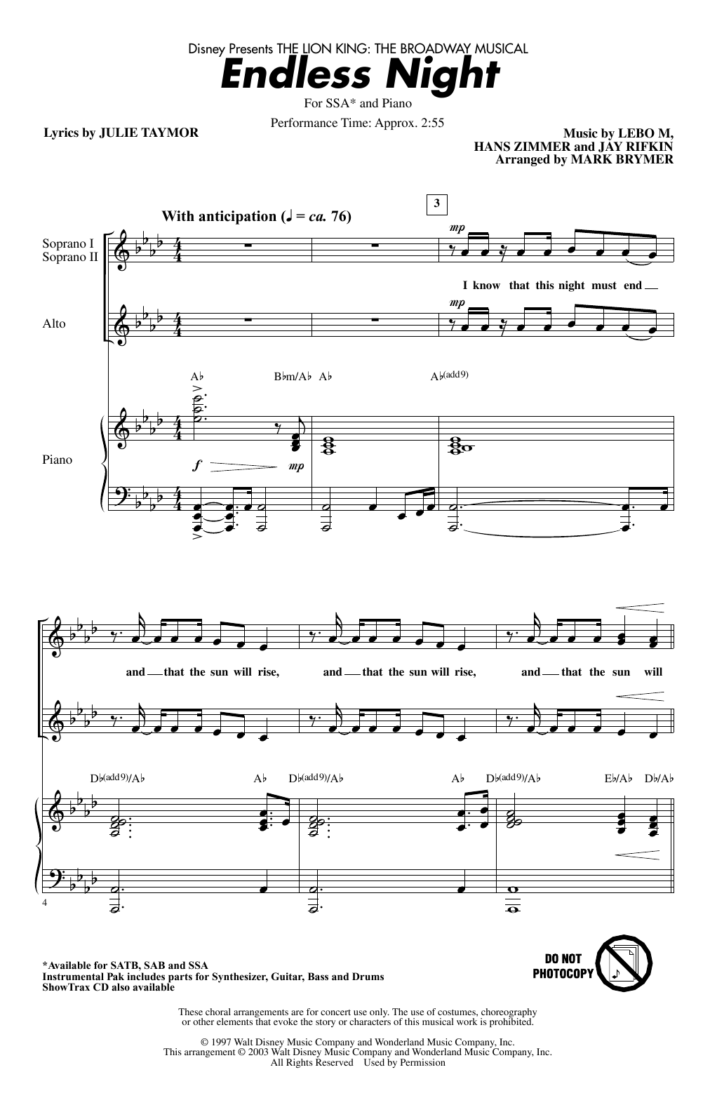Lebo M., Hans Zimmer, Jay Rifkin and Julie Taymor Endless Night (from The Lion King: Broadway Musical) (arr. Mark Brymer) sheet music notes and chords arranged for SSA Choir