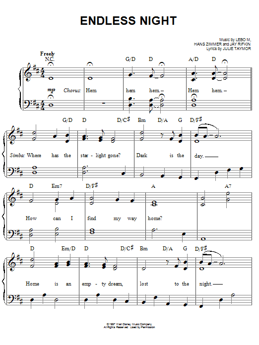 Lebo M., Hans Zimmer, Jay Rifkin and Julie Taymor Endless Night (from The Lion King: Broadway Musical) sheet music notes and chords arranged for Piano, Vocal & Guitar Chords (Right-Hand Melody)