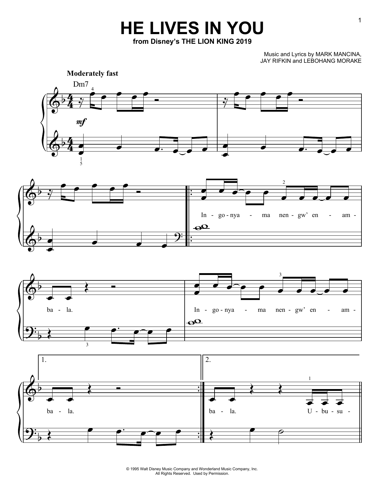 Lebo M He Lives In You (from The Lion King 2019) sheet music notes and chords arranged for Easy Piano