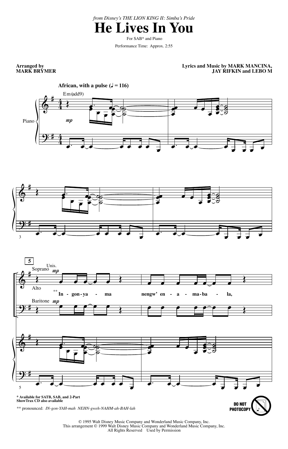 Lebo M He Lives In You (from The Lion King II: Simba's Pride) (arr. Mark Brymer) sheet music notes and chords arranged for 2-Part Choir