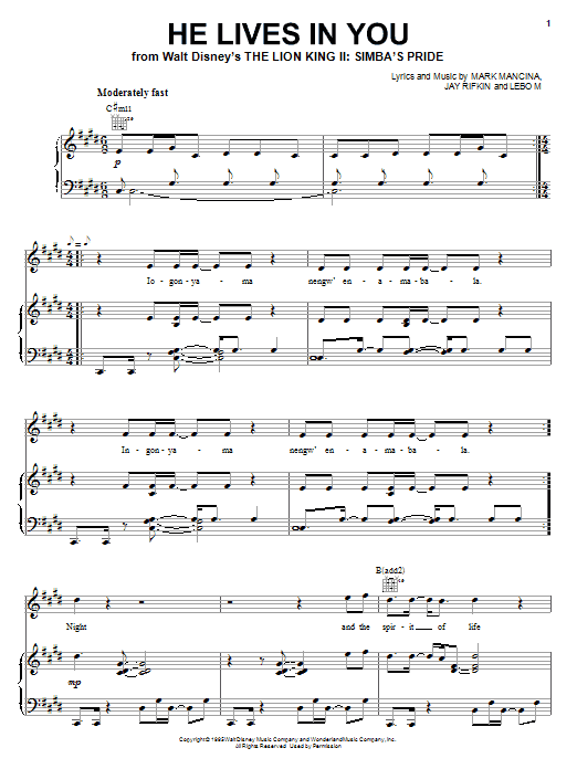 Lebo M He Lives In You (from The Lion King II: Simba's Pride) sheet music notes and chords arranged for Piano, Vocal & Guitar Chords (Right-Hand Melody)