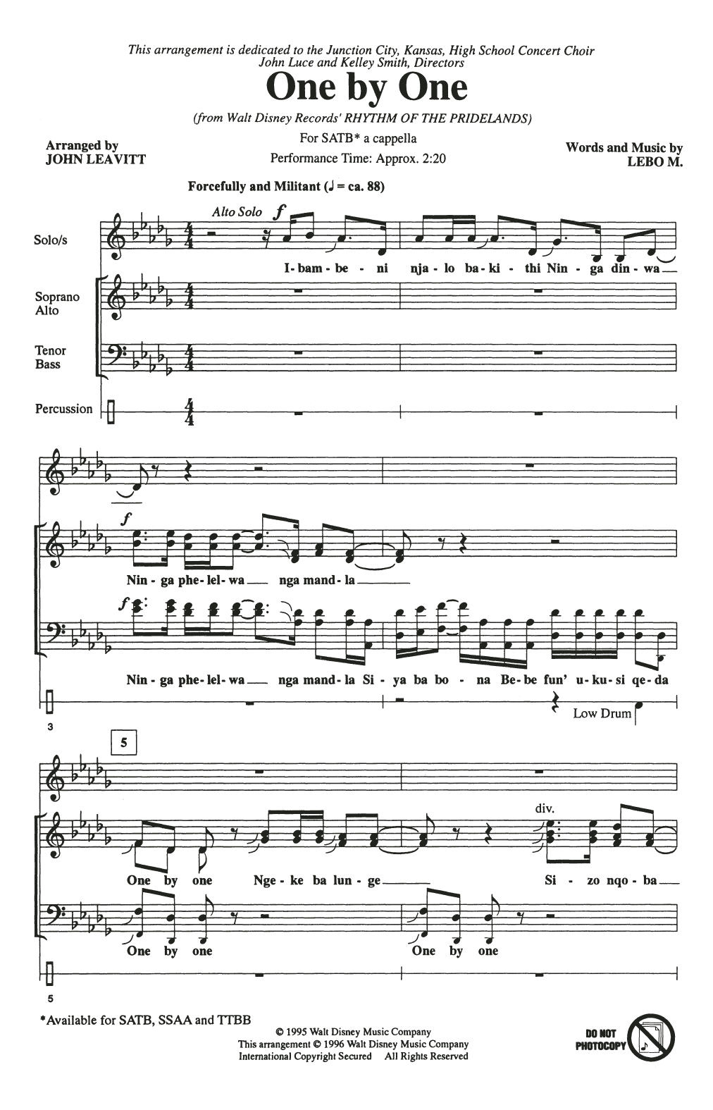 Lebo M. One By One (from Rhythm of the Pridelands) (arr. John Leavitt) sheet music notes and chords arranged for SATB Choir