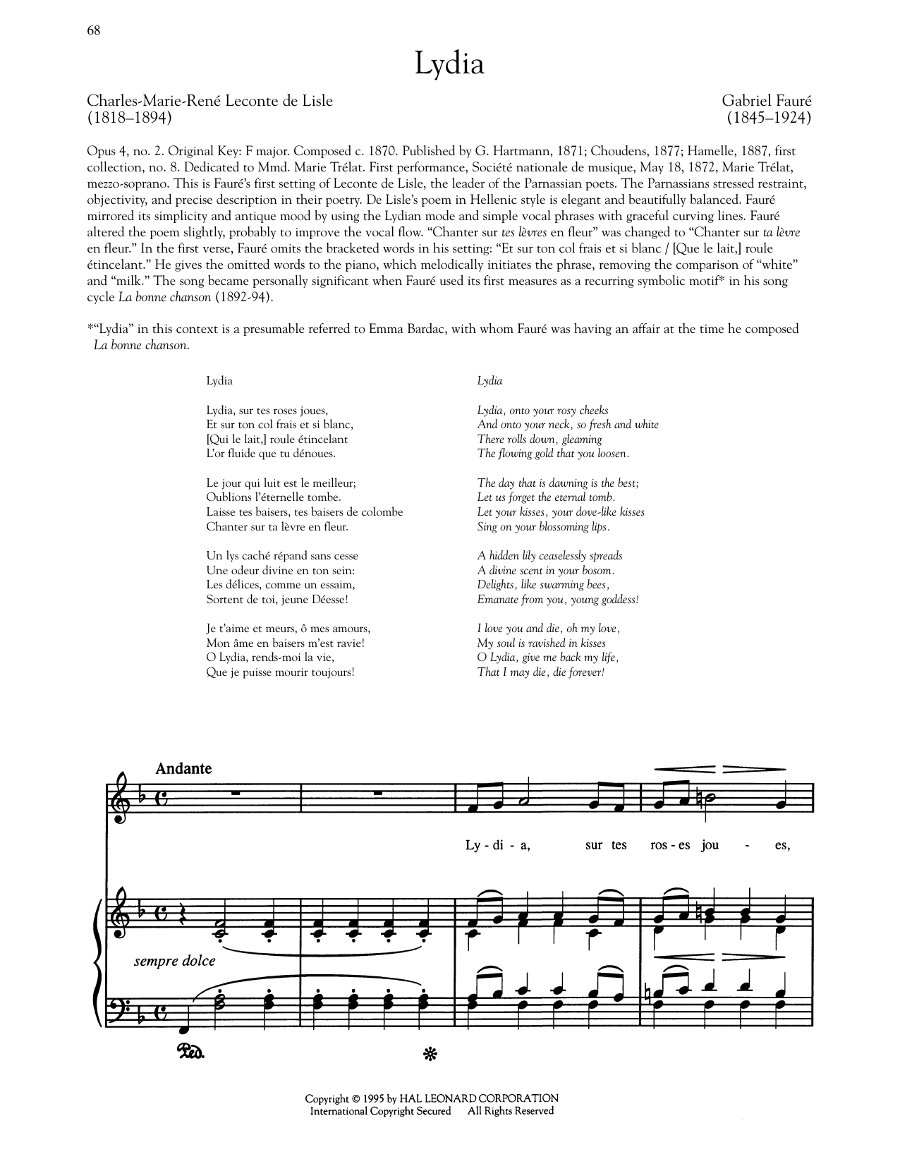 Leconte de Lisle Lydia sheet music notes and chords arranged for Piano & Vocal