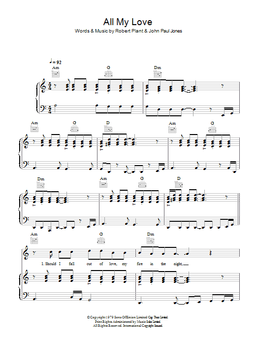 Led Zeppelin All My Love sheet music notes and chords arranged for Bass Guitar Tab