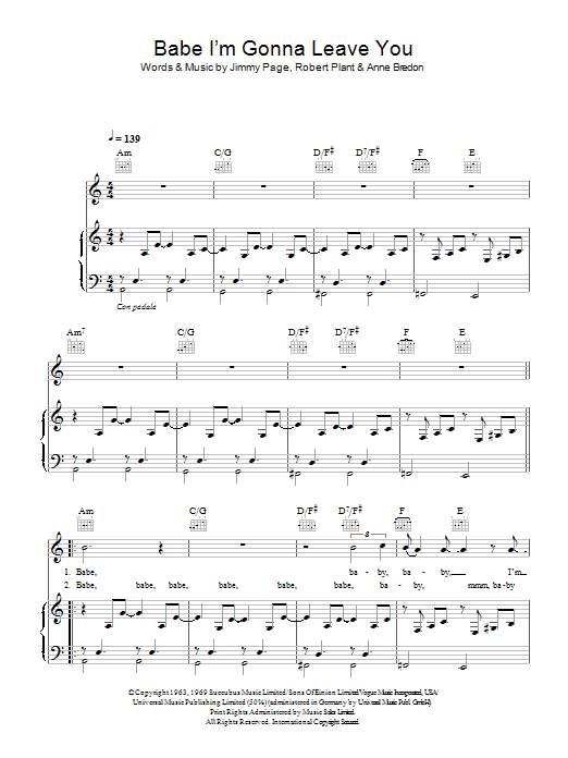 Led Zeppelin Babe, I'm Gonna Leave You sheet music notes and chords arranged for Guitar Lead Sheet