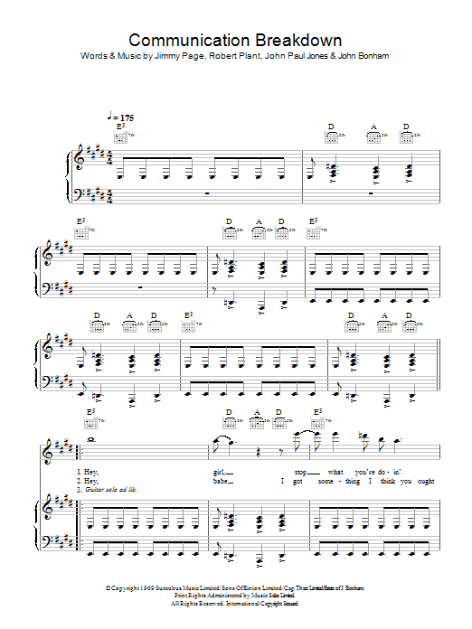 Led Zeppelin Communication Breakdown sheet music notes and chords arranged for Piano, Vocal & Guitar Chords