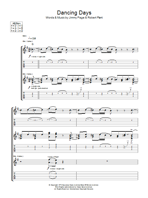 Led Zeppelin Dancing Days sheet music notes and chords arranged for Guitar Tab