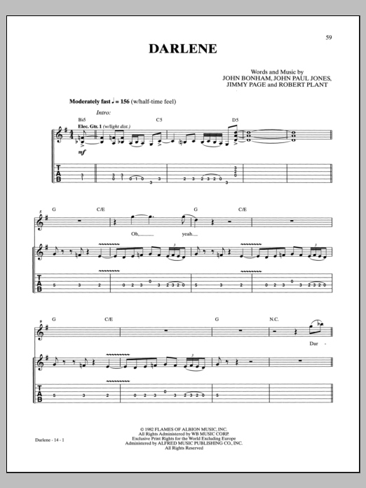 Led Zeppelin Darlene sheet music notes and chords arranged for Guitar Tab