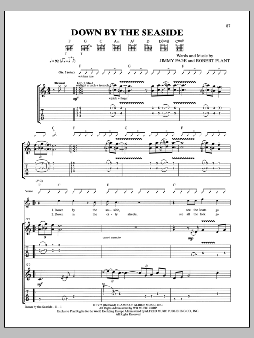 Led Zeppelin Down By The Seaside sheet music notes and chords arranged for Guitar Tab