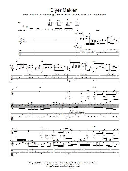 Led Zeppelin D'yer Mak'er sheet music notes and chords arranged for Guitar Tab