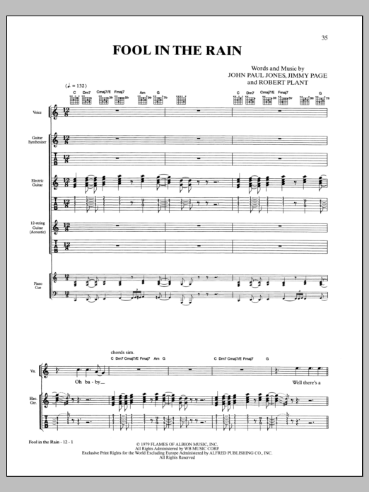 Led Zeppelin Fool In The Rain sheet music notes and chords arranged for Guitar Tab