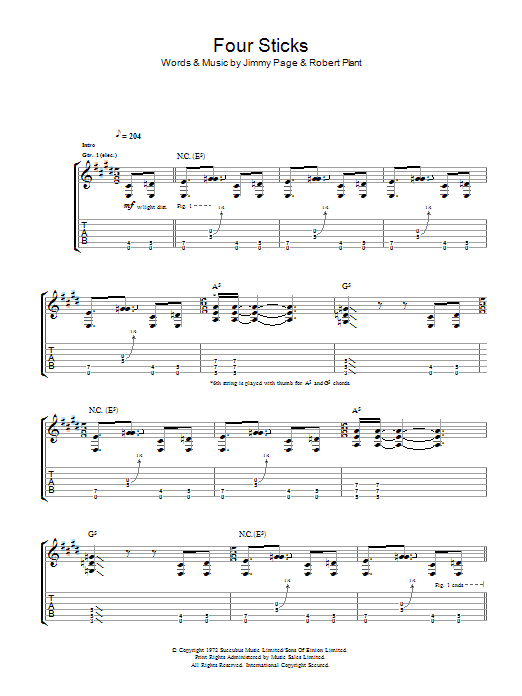 Led Zeppelin Four Sticks sheet music notes and chords arranged for Guitar Tab