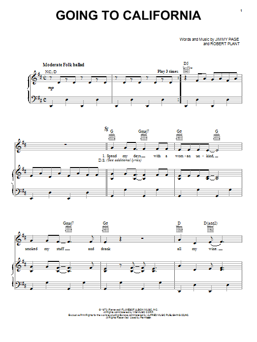 Led Zeppelin Going To California sheet music notes and chords arranged for Guitar Tab