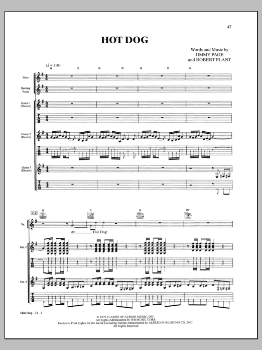 Led Zeppelin Hot Dog sheet music notes and chords arranged for Guitar Tab