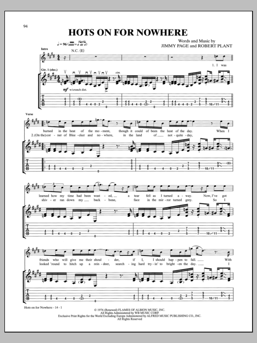 Led Zeppelin Hots On For Nowhere sheet music notes and chords arranged for Guitar Tab