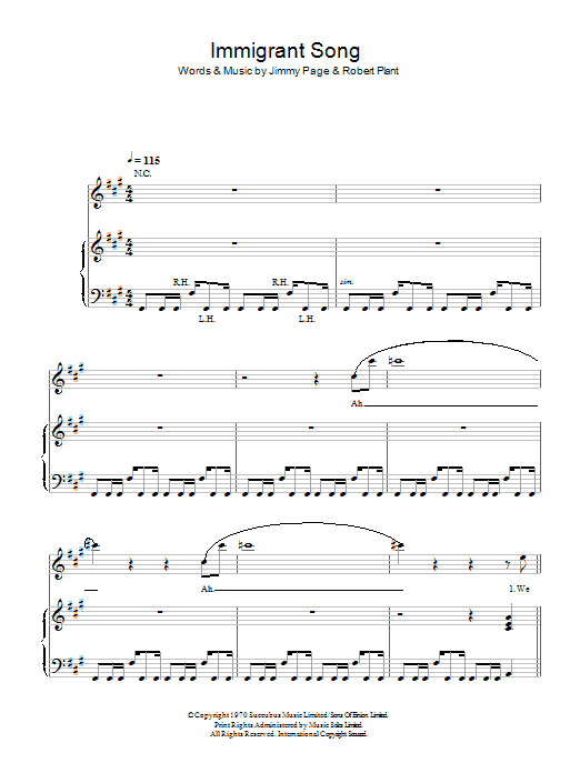Led Zeppelin Immigrant Song sheet music notes and chords arranged for Piano, Vocal & Guitar Chords