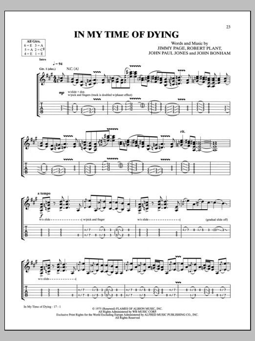 Led Zeppelin In My Time Of Dying sheet music notes and chords arranged for Guitar Tab