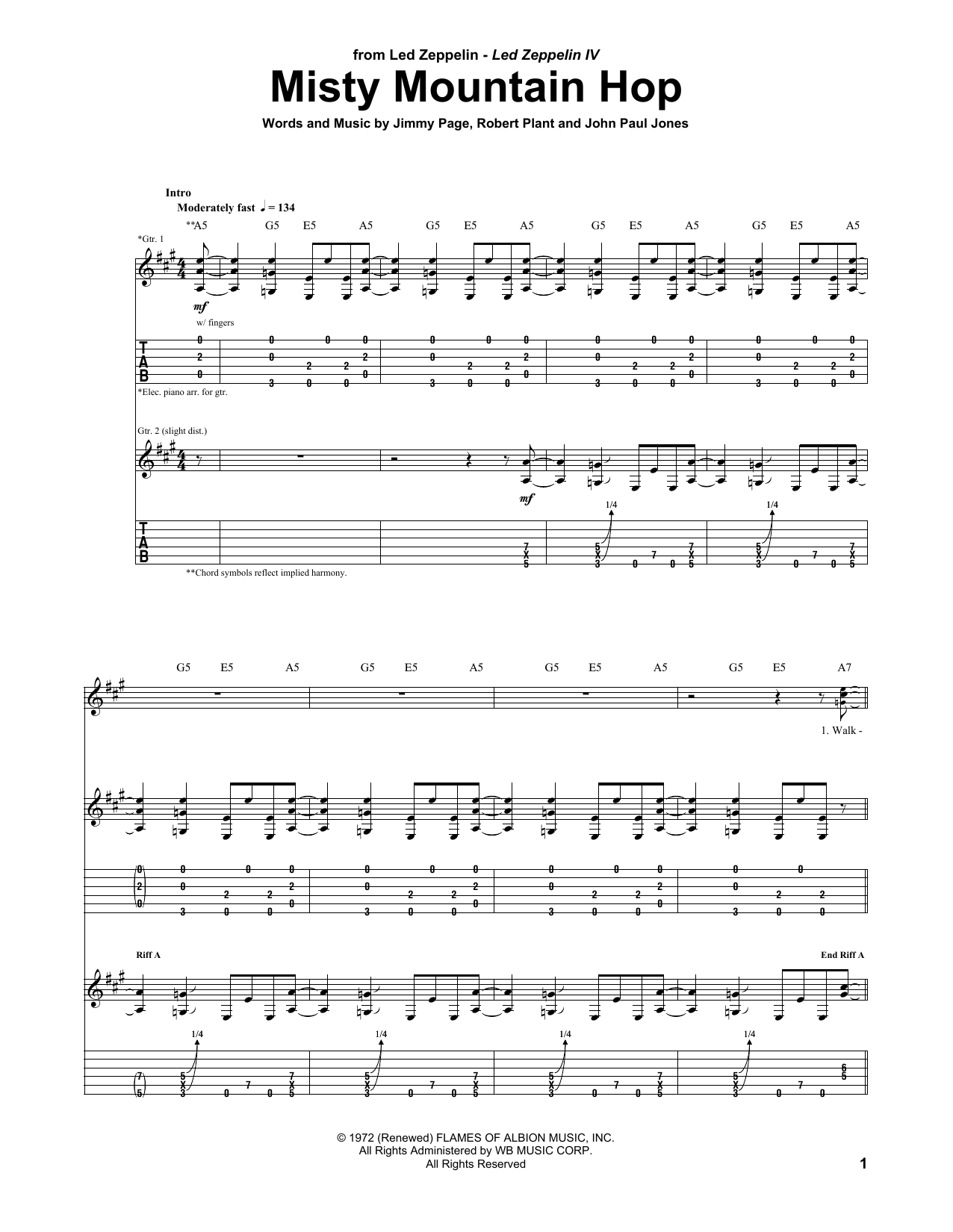 Led Zeppelin Misty Mountain Hop sheet music notes and chords arranged for Guitar Tab