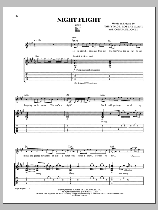 Led Zeppelin Night Flight sheet music notes and chords arranged for Guitar Tab