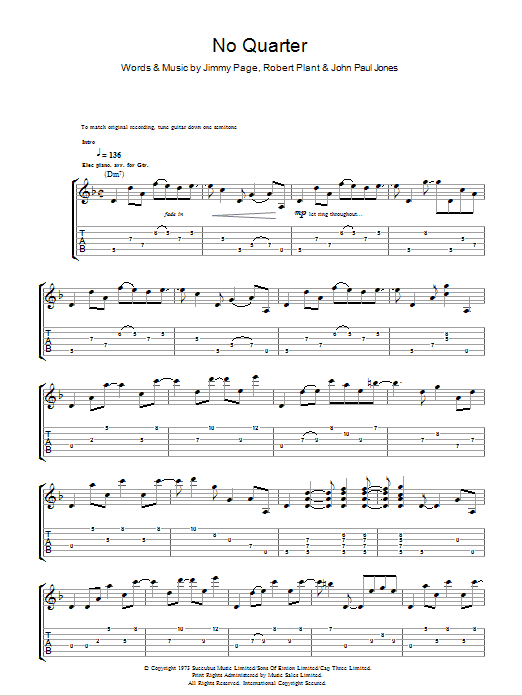 Led Zeppelin No Quarter sheet music notes and chords arranged for Piano, Vocal & Guitar Chords