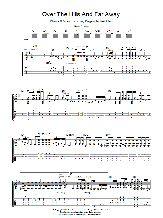 Led Zeppelin Over The Hills And Far Away sheet music notes and chords arranged for Guitar Lead Sheet