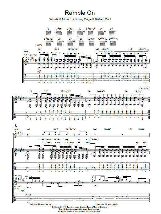 Led Zeppelin Ramble On sheet music notes and chords arranged for Easy Bass Tab