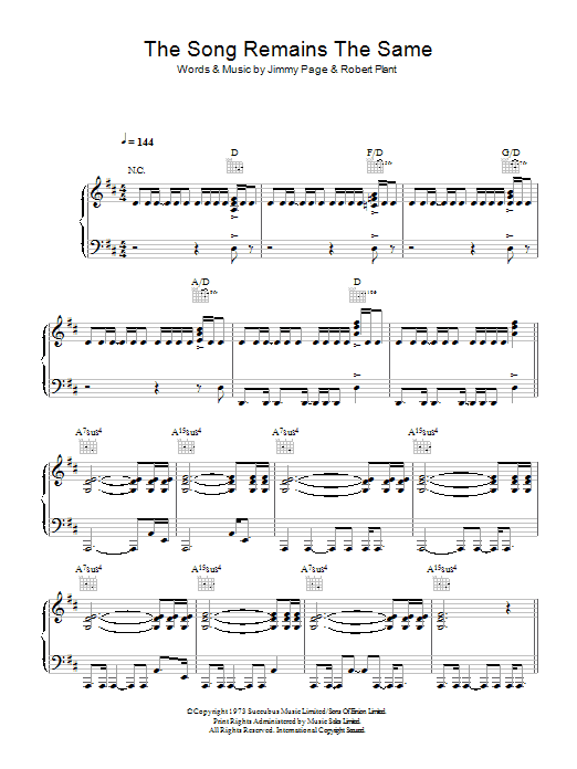 Led Zeppelin Song Remains The Same sheet music notes and chords arranged for Piano, Vocal & Guitar Chords