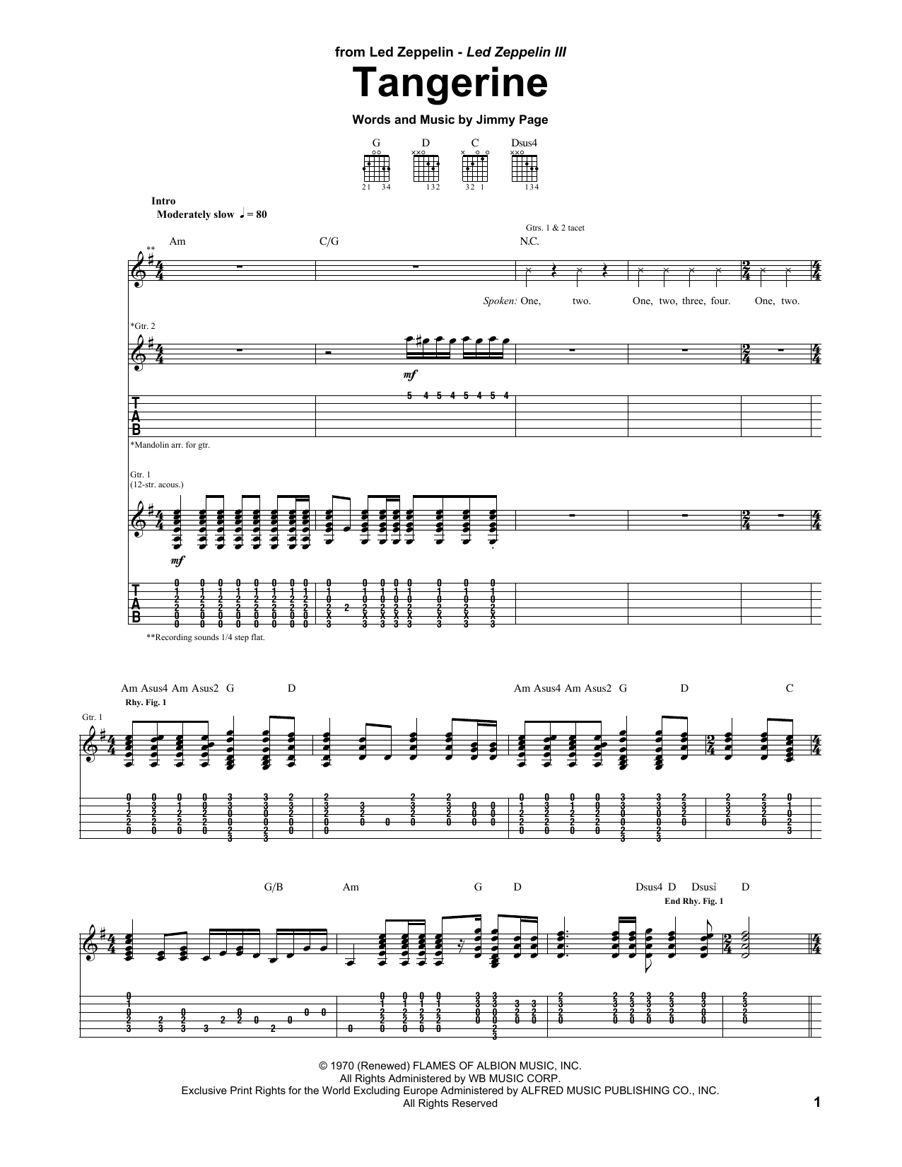 Led Zeppelin Tangerine sheet music notes and chords arranged for Guitar Tab
