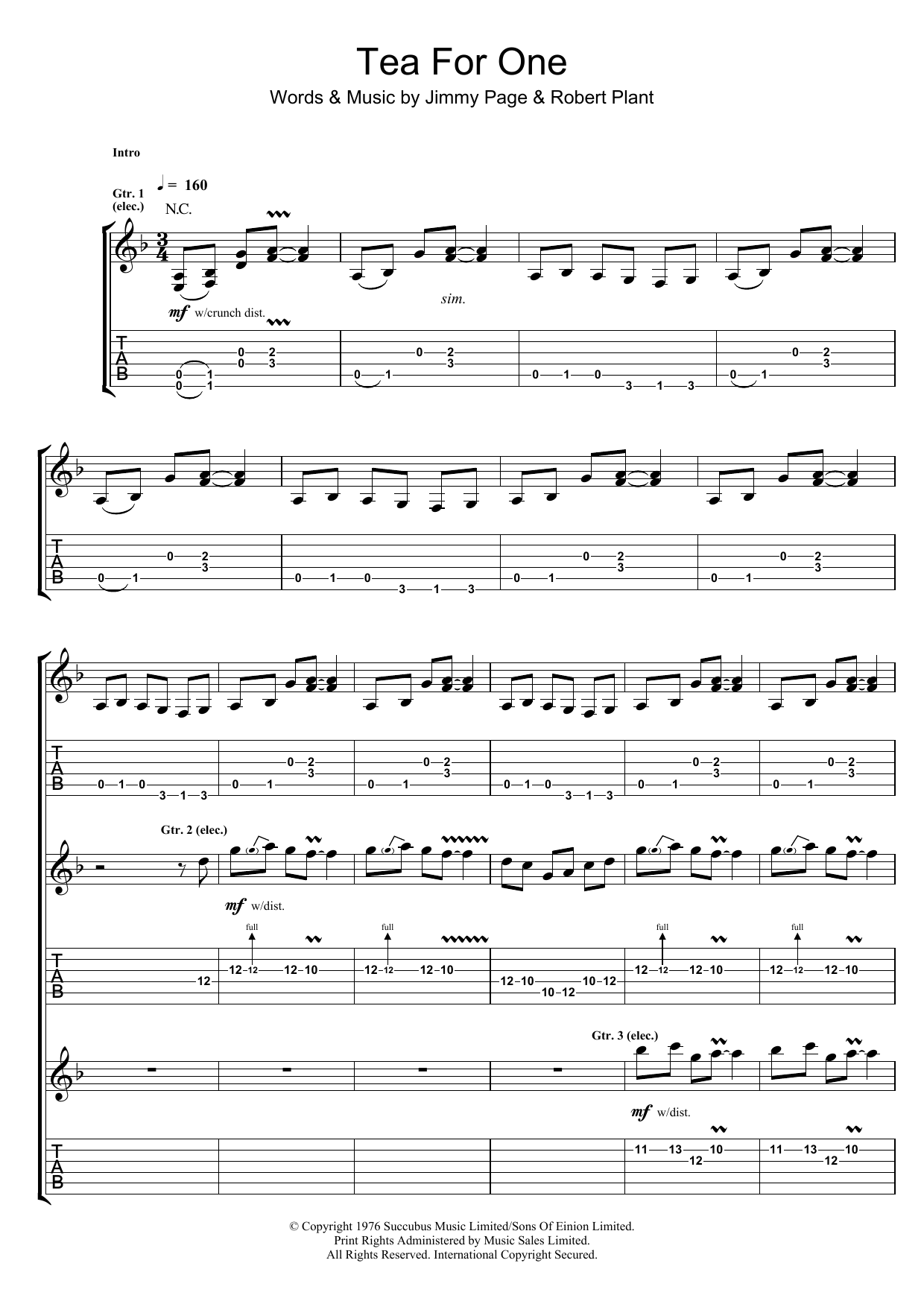 Led Zeppelin Tea For One sheet music notes and chords arranged for Guitar Tab