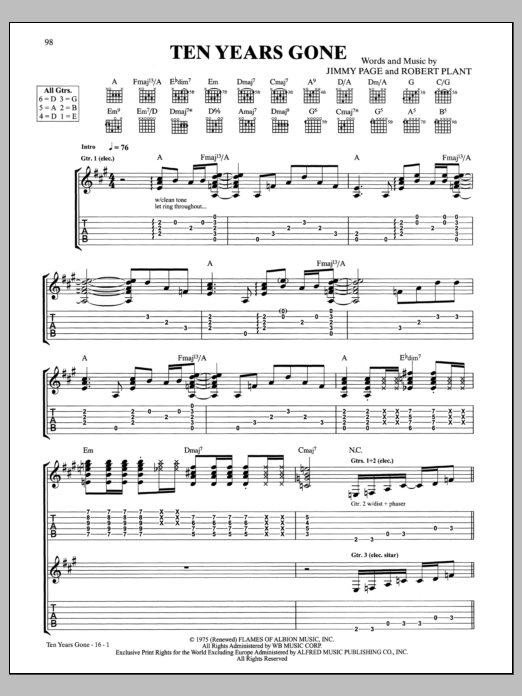 Led Zeppelin Ten Years Gone sheet music notes and chords arranged for Guitar Tab