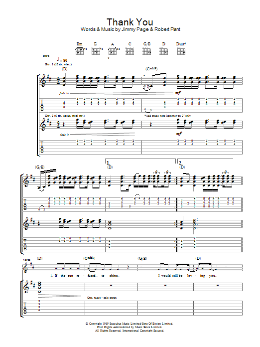 Led Zeppelin Thank You sheet music notes and chords arranged for Piano, Vocal & Guitar Chords (Right-Hand Melody)