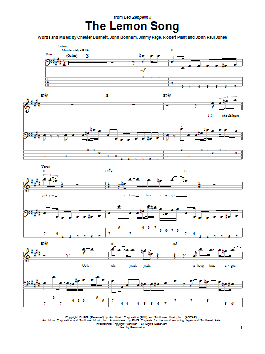 Led Zeppelin The Lemon Song sheet music notes and chords arranged for Easy Bass Tab
