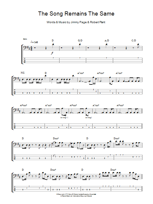 Led Zeppelin The Song Remains The Same sheet music notes and chords arranged for Bass Guitar Tab