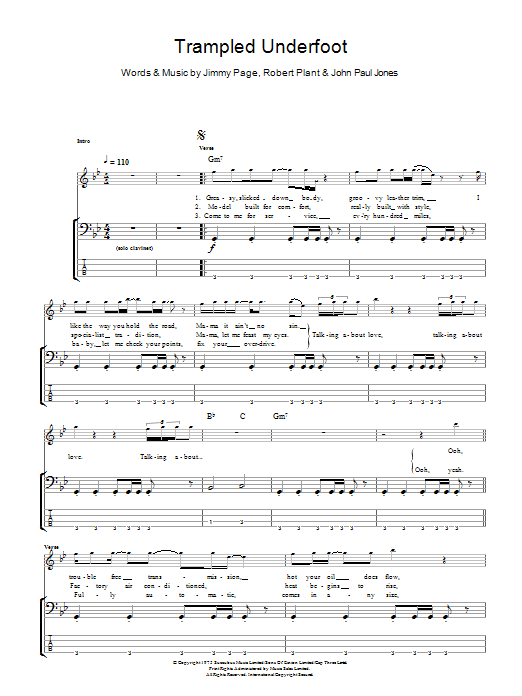 Led Zeppelin Trampled Underfoot sheet music notes and chords arranged for Bass Guitar Tab