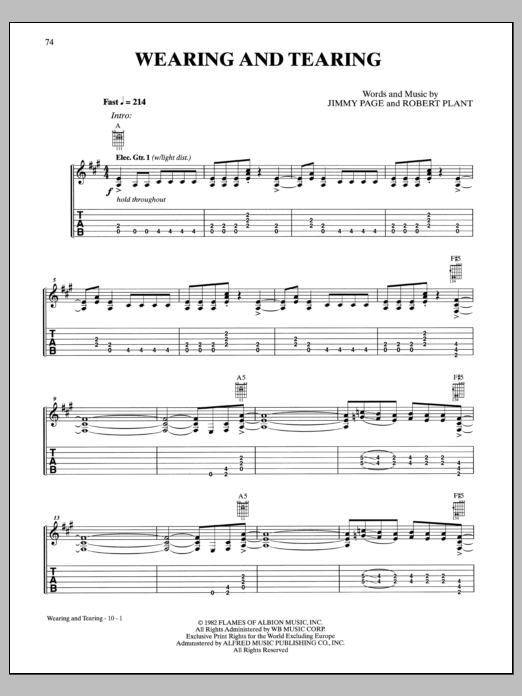 Led Zeppelin Wearing And Tearing sheet music notes and chords arranged for Guitar Tab