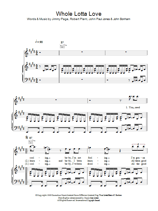 Led Zeppelin Whole Lotta Love sheet music notes and chords arranged for Piano, Vocal & Guitar Chords